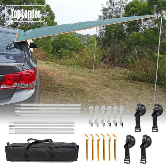 3x3m Car Side Awning with Pole Rope Peg Strong Suction Cup Anchor Outdoor Camping Tent Tarp Waterproof Canopy Shade Sun Shelter - Outdoor Travel Store