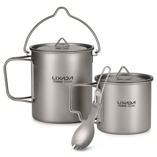 Lixada 1pc/3pcs Lightweight Titanium 750ml Pot or 350ml Water Cup Mug with Lid Collapsible Handle for Outdoor Camping - Outdoor Travel Store
