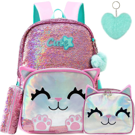 Meetbelify Cute Backpack for Girls School Kids Sequin Bookbag for Elementary Kindergarten Students with Lunch Box Pencil Case - Outdoor Travel Store