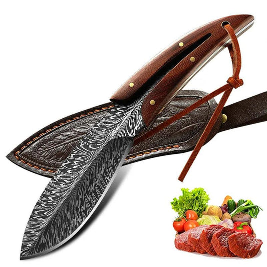 Multi-Purpose Kitchen Knife Hunting Knife Feather Pattern Knife With Sheath Stainless Steel Fruit Knives Outdoor Camping Knife - Outdoor Travel Store