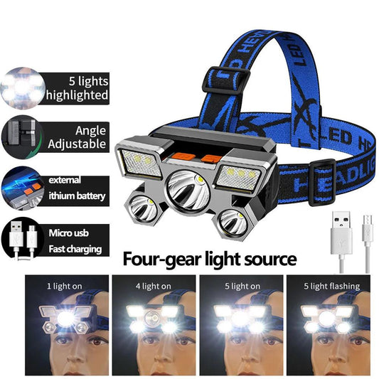 Outdoor High brightness 5LED Headset flashlight Outdoor household portable USB rechargeable Fishing miner lamp Strong headlight - Outdoor Travel Store