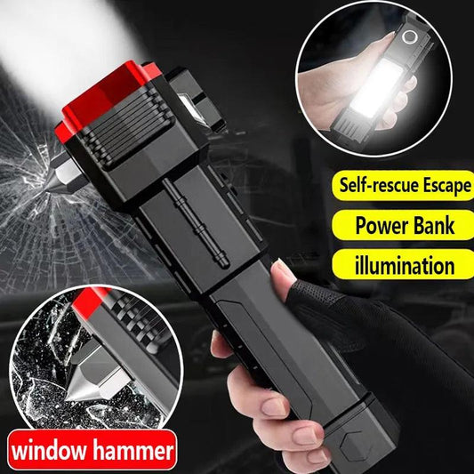 USB Charging Super Bright LED Flashlight With Safety Hammer Side Light Torch Portable Work Lights Outdoor Adventure Lighting - Outdoor Travel Store