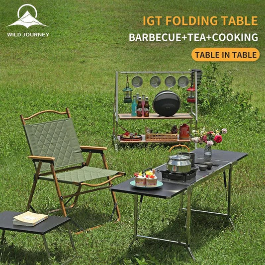 Wild Journey IGT 304 Stainless Steel Folding Table Portable Outdoor Vacation Party Camping Picnic BBQ Tools Tea Cooker Set - Outdoor Travel Store